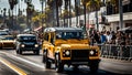 Classic style retro vintage 4x4 british classic jeep SUV motion as it speeds through sunset avenue Royalty Free Stock Photo