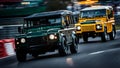 Classic style retro vintage 4x4 british classic jeep SUV motion as it speeds through sunset avenue