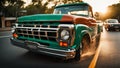 Classic style retro vintage american pick up truck classic jeep SUV motion as it speeds through sunset avenue Royalty Free Stock Photo