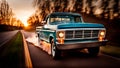 Classic style retro vintage 4x4 british classic jeep SUV motion as it speeds through sunset avenue Royalty Free Stock Photo