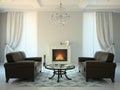 Classic style room with fireplace and sofas 3D rendering