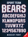 Sport Team font, metallic beveled alphabet and numbers. Upper case. Vector illustration.