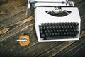 Classic is always stylish. Vintage retro typewriter machine. Old time typewriter on wooden desk. Antique manual Royalty Free Stock Photo