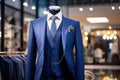 A Classic Suit in blue color in a Clothing Store. Generative AI