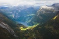 Classic summer picture of norwegian valley and fjord Geirangerfjord from the Dalsnibba mountain