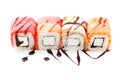 Classic sushi set with diferent type of fish (salmon, tuna, eel) isolated on white background