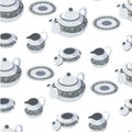Classic tableware set, saucer with plate and teapot seamless pattern Royalty Free Stock Photo
