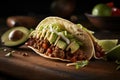 a classic taco, filled with spicy ground beef and slice of avocado