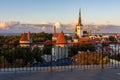 Classic Tallinn cityscape with Saint Olaf\'s church and old town walls and towers at autumn sunset, Estonia