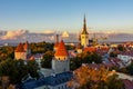 Classic Tallinn cityscape with Saint Olav`s church and old town walls and towers at sunset, Estonia Royalty Free Stock Photo