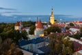 Classic Tallinn cityscape with Saint Olav\'s church and old town walls and towers at sunset, Estonia Royalty Free Stock Photo