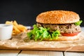 Classic tasty hamburger with tasty beef, sauce and french fries on dark background. American food Royalty Free Stock Photo