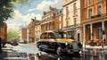 Classic taxi cab in 60s London