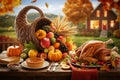A classic Thanksgiving feast is set on a rustic outdoor table, featuring a roasted turkey and a bountiful cornucopia overflowing Royalty Free Stock Photo