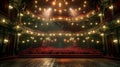 Classic theatre hall, interior of empty luxury theater auditorium with lights, view from stage. Concept of opera, concert, show, Royalty Free Stock Photo