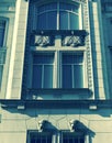 A classic theatrical facade on an office building in Kyiv, the capital of Ukraine