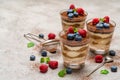 Classic tiramisu dessert with blueberries and raspberries in a glass and strainer with cocoa powder on concrete