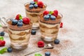 Classic tiramisu dessert with blueberries and raspberries in a glass and strainer with cocoa powder on concrete