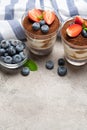 Classic tiramisu dessert with blueberries and strawberries in a glass on concrete background Royalty Free Stock Photo