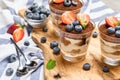 Classic tiramisu dessert with blueberries and strawberries in a glass on concrete background Royalty Free Stock Photo