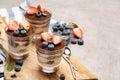 Classic tiramisu dessert with blueberries and strawberries in a glass on concrete background Royalty Free Stock Photo