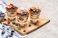 Classic tiramisu dessert with blueberries and strawberries in a glass on concrete background Royalty Free Stock Photo