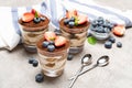 Classic tiramisu dessert with blueberries and strawberries in a glass on concrete background Royalty Free Stock Photo