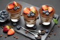 Classic tiramisu dessert with blueberries and strawberries in a glass on dark concrete background Royalty Free Stock Photo