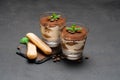 Classic tiramisu dessert in a glass and savoiardi cookies on dark concrete background Royalty Free Stock Photo