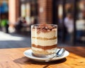 Classic tiramisu is in a glass jar in an Italian cafe. Royalty Free Stock Photo