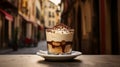 Classic tiramisu in a glass jar in Italian cafe. Traditioanal italian dessert. Royalty Free Stock Photo