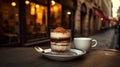 Classic tiramisu in a glass jar in Italian cafe. Traditioanal italian dessert. Royalty Free Stock Photo