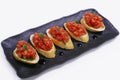 Classic tomato bruschetta, fresh tomato cubes marinated in olive oil and basil with bread crouton