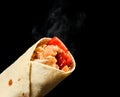 Classic tortilla wrap roll with grilled crispy chicken or turkey and vegetables, tomato, paprika pepper with steam smoke