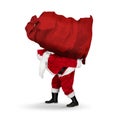 Classic traditional crazy funny santa claus on exhausting delivery service. Carrying huge giant big red bag on his back with