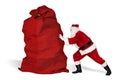 Classic traditional crazy funny santa claus on exhausting delivery service. pushing huge giant big red bag with christmas gift Royalty Free Stock Photo