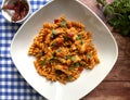 Classic Hungarian chicken paprikash with fusilli pasta.