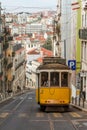 Classic traditional yellow trolley tram 28 in Lisbon,