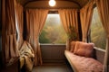 classic train compartment with sliding door and curtains Royalty Free Stock Photo