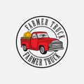 Farmers market logo with retro truck and typography vector illustration. Old truck side view. Fall season eco fresh products Royalty Free Stock Photo