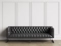 Classic tufted sofa in black leather in classic interior with copy space