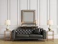 Classic tufted sofa,side tables and lamps in classic interiror with copy space