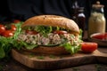 classic tuna salad sandwich with fresh lettuce, ripe tomato, and crunchy dill pickle