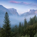 Classic Tunnel View of scenic Yosemite Valley with famous El Capitan and Half Dome rock climbing summits in beautiful