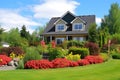 classic two-storey house with flower garden at sunny summer day - american dream style, neural network generated image Royalty Free Stock Photo