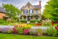 classic two-storey house with flower garden at sunny summer day - american dream style, neural network generated image Royalty Free Stock Photo