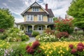 classic two-storey house with flower garden at sunny summer day - american dream style, neural network generated image Royalty Free Stock Photo