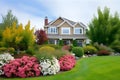 classic two-storey house with flower garden at sunny summer day - american dream style, neural network generated image Royalty Free Stock Photo