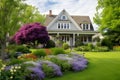 classic two-storey house with flower garden at sunny summer day - american dream style, neural network generated image Royalty Free Stock Photo