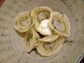 Classic Vareniki dish. Top view Dumplings . Pierogi with Sour Cream in Bowl.